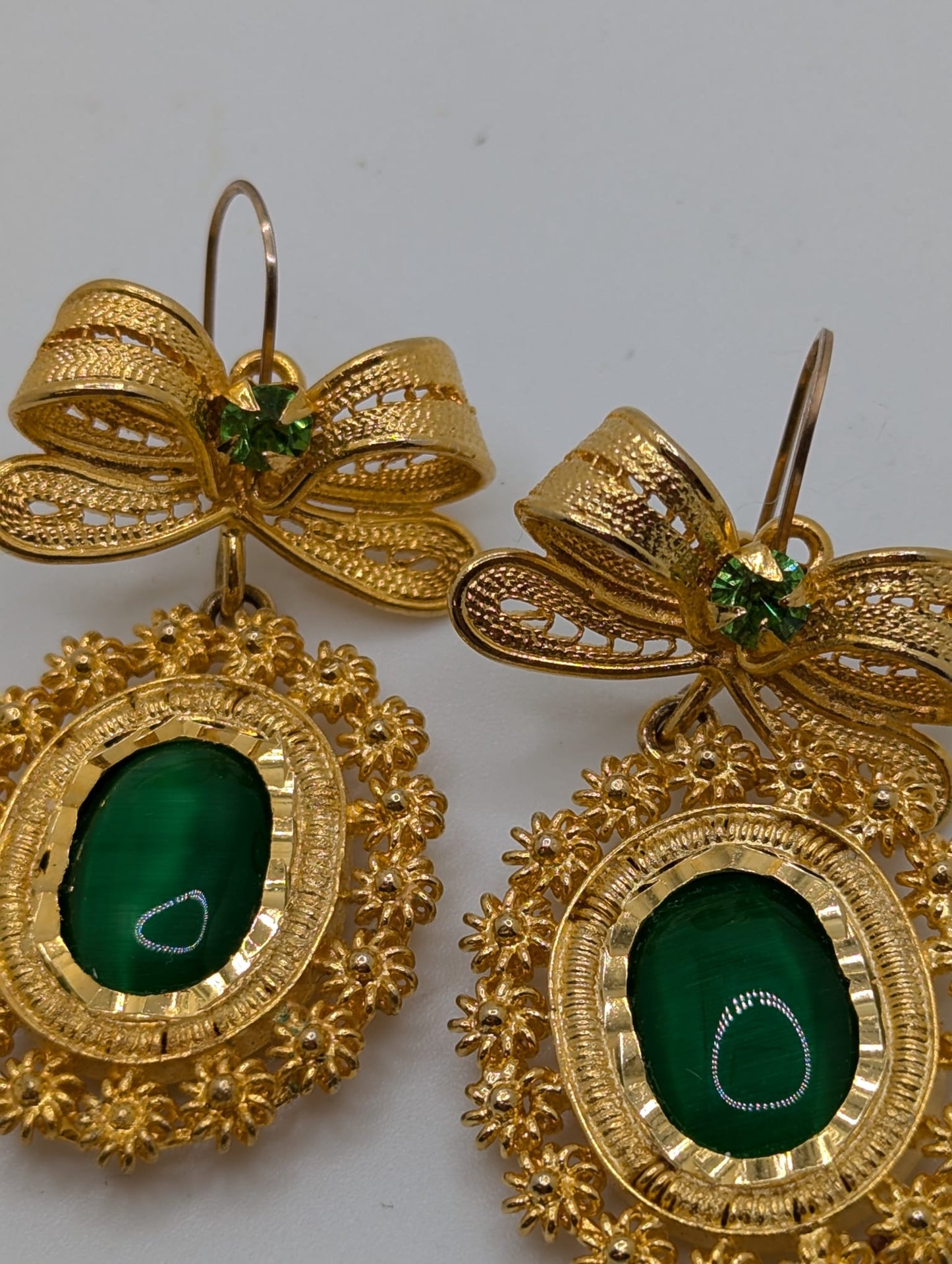 18k Gold Plated Mexican Earrings Handcrafted Filigree Chandelier Glass 2.3"