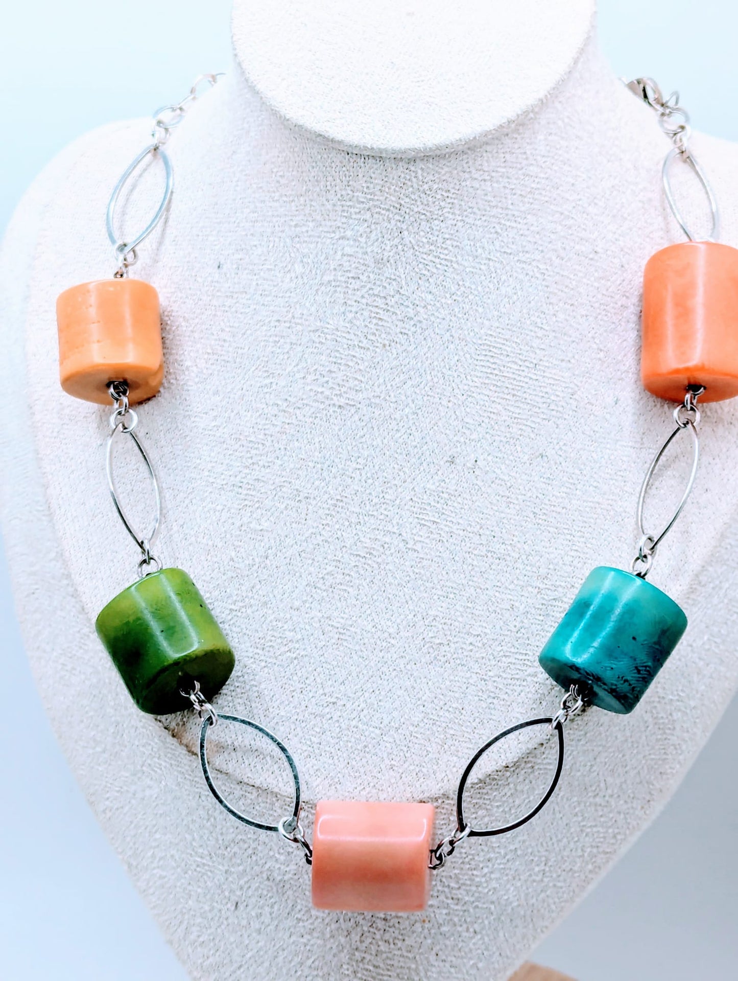 Multicolor Handmade Barrel Shaped Beads Silver Tone Necklace Earrings Set