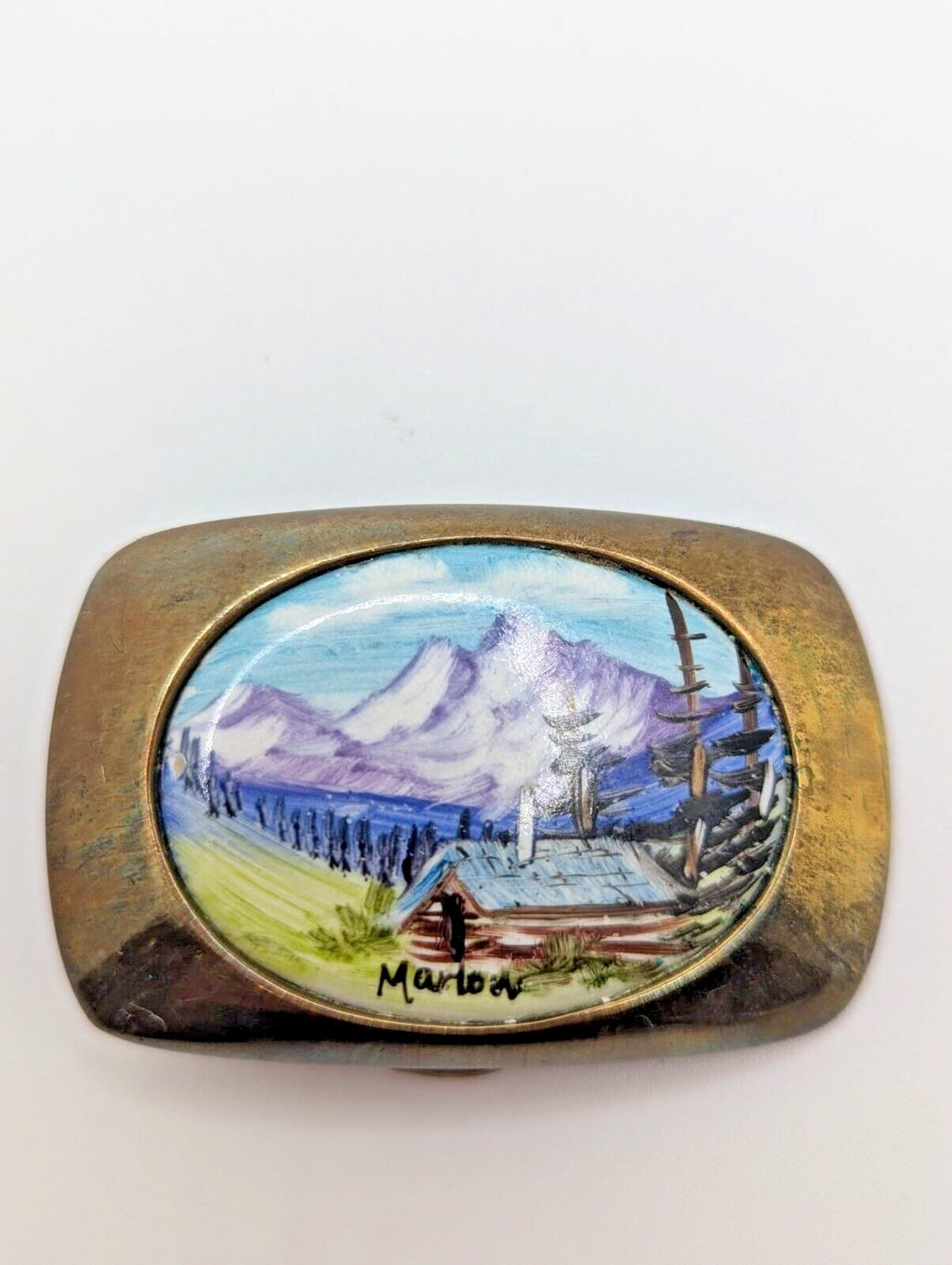 Vintage handgemalte massive Messing-Gürtelschnalle Landschaftsgemälde signiert Marlow