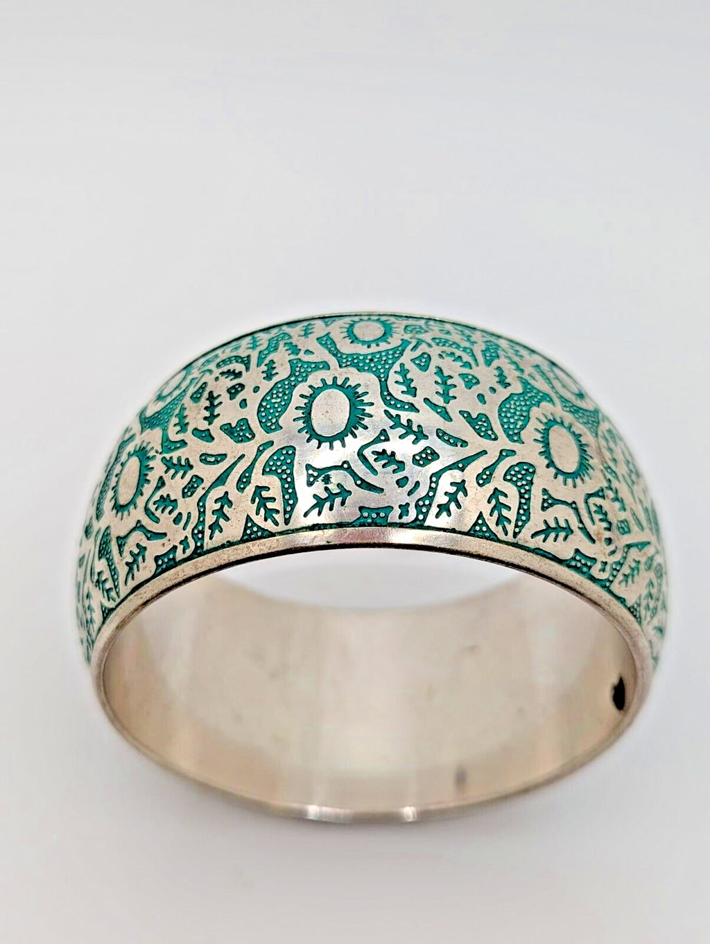 Silver Plated Engraved in Blue Design Bangle Bracelet Aqua Vintage 8"