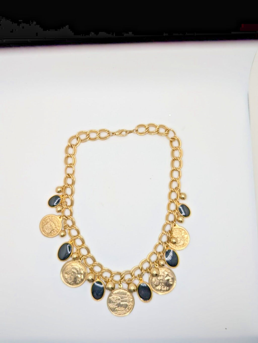 Coin Necklace Black Disc Charms Coin Dangles Charms Gold Tone Link Chain 24"