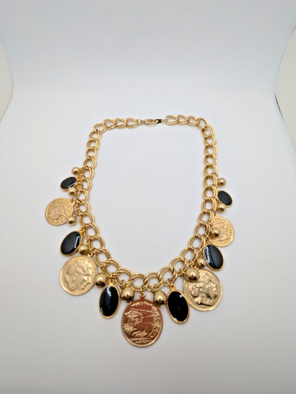 Coin Necklace Black Disc Charms Coin Dangles Charms Gold Tone Link Chain 24"