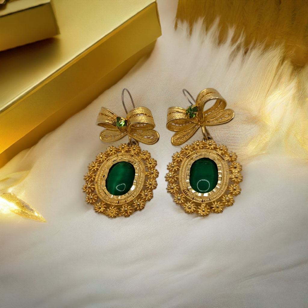 18k Gold Plated Mexican Earrings Handcrafted Filigree Chandelier Glass 2.3"