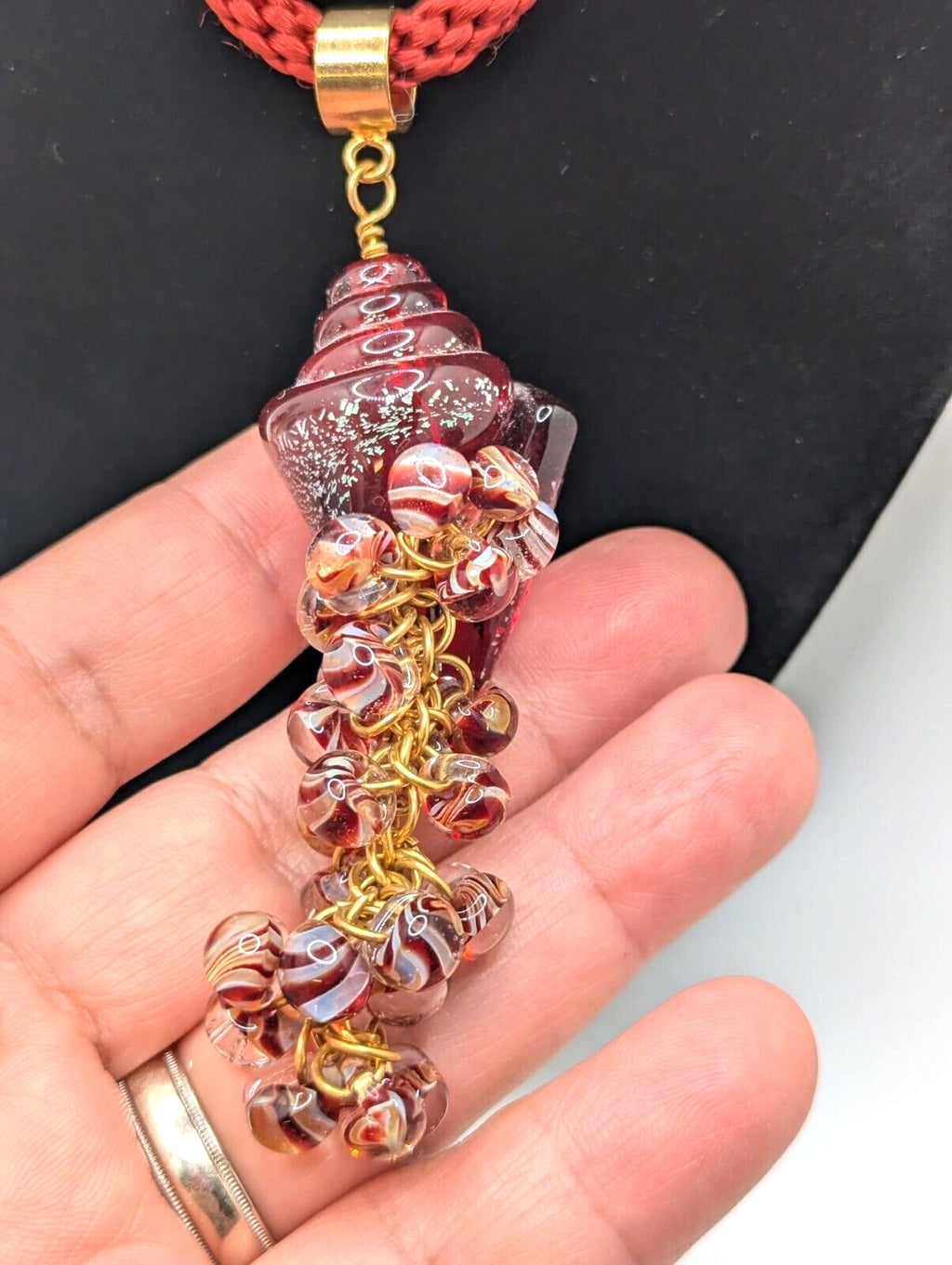 Art Glass Red Seashell Nautilus Necklace & Earrings Red Rope Cord
