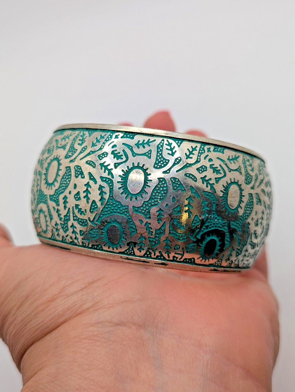 Silver Plated Engraved in Blue Design Bangle Bracelet Aqua Vintage 8"