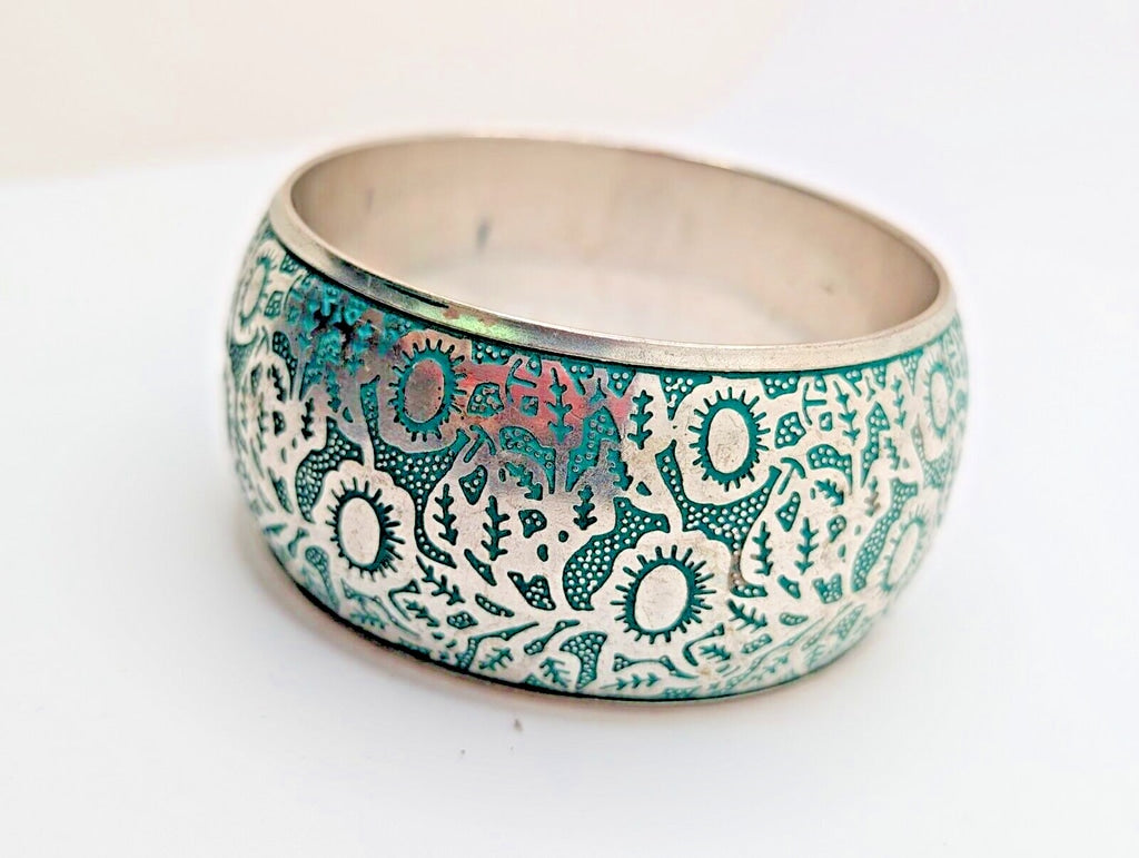 Silver Plated Engraved in Blue Design Bangle Bracelet Aqua Vintage 8"