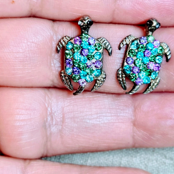 Green and Purple Iridescent Rhinestones Turtle Earrings