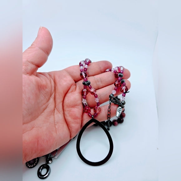 Pink Set beaded gun metal pendant necklace Rhodonite Bracelet Gun metal Earrings
