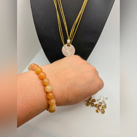 Boho brown and tan SilverTone Necklace Carnelian Bracelet floral Earrings set