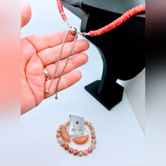 Coral Tone Gold Tone Statement Necklace Stone Earrings Agate Bracelet