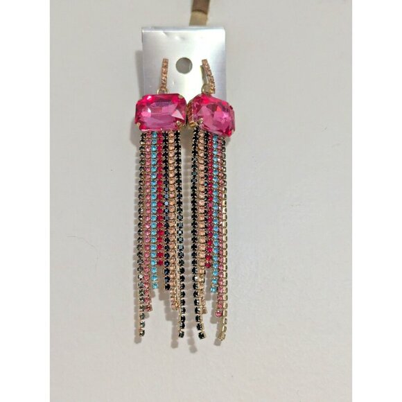 Pink Glass Dangle earrings Multicolor Teal And Light Pink Colors Rhinestones