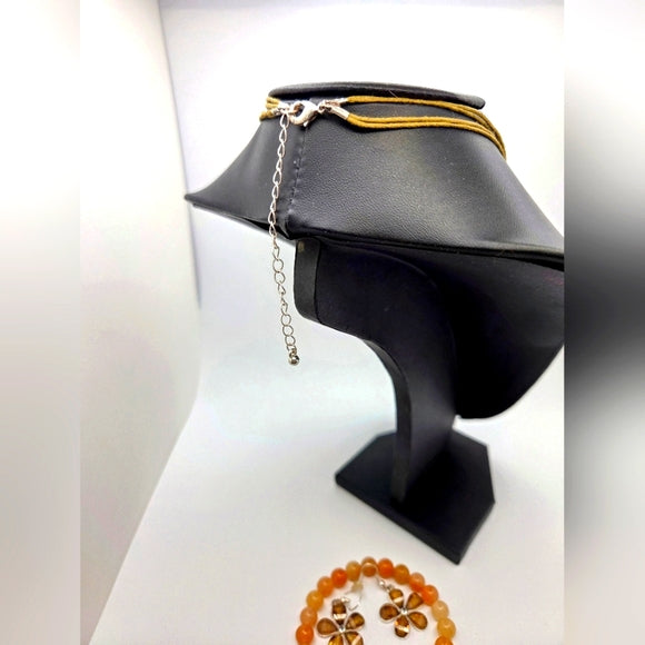 Boho brown and tan SilverTone Necklace Carnelian Bracelet floral Earrings set
