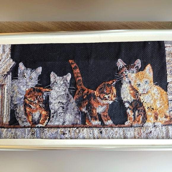 Gerahmtes Kreuzstichbild Sechs Bauernhofkätzchen Vintage #35133 40,6 cm x 21,6 cm