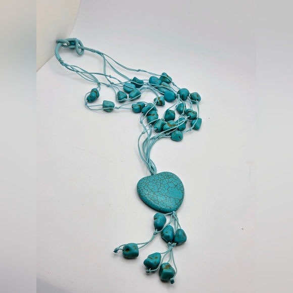 Beautiful Turquoise Chip Bead Howlite Heart Tassel Pendant Necklace 16.5β