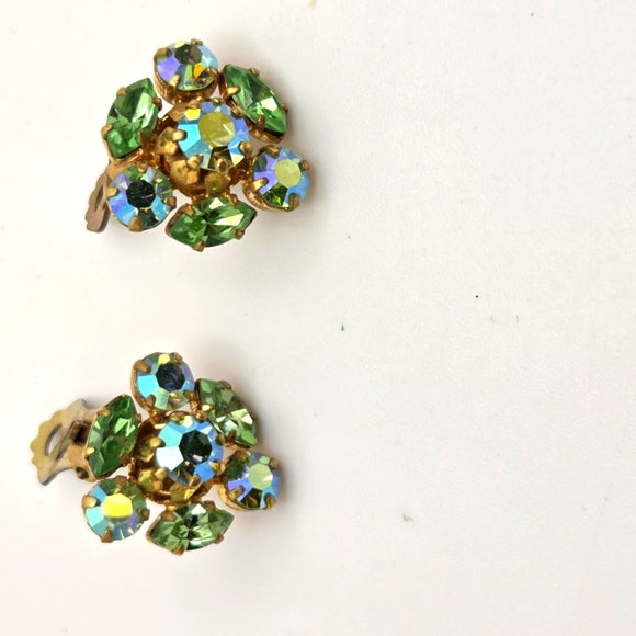 Vintage Austria 50's Aurora Borealis Rhinestone Clip On Earrings