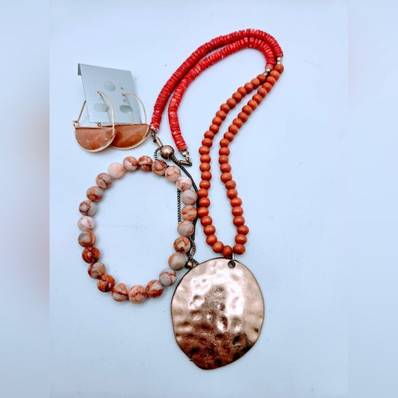 Coral Tone Gold Tone Statement Necklace Stone Earrings Agate Bracelet