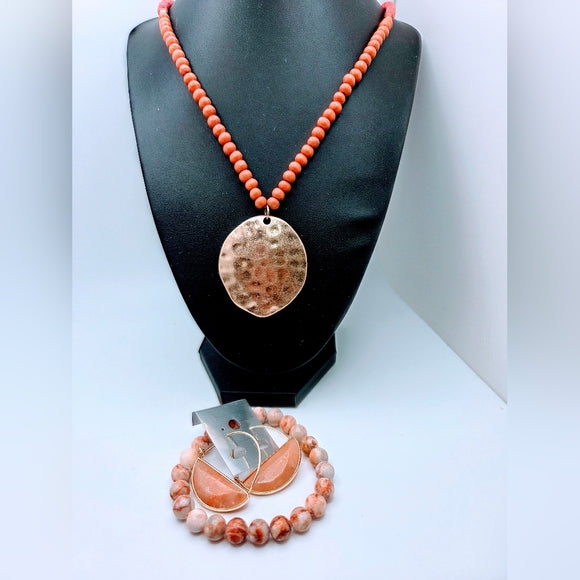 Coral Tone Gold Tone Statement Necklace Stone Earrings Agate Bracelet