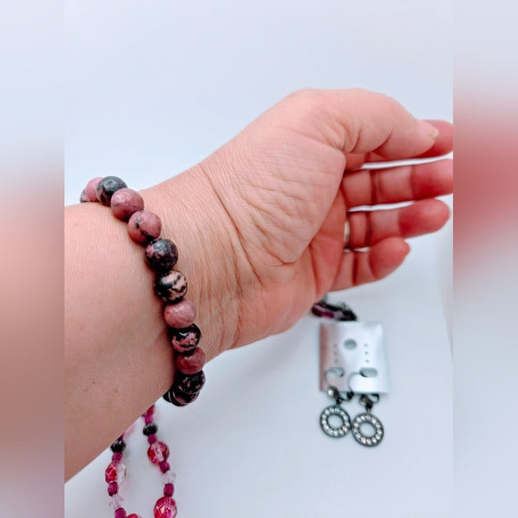 Pink Set beaded gun metal pendant necklace Rhodonite Bracelet Gun metal Earrings