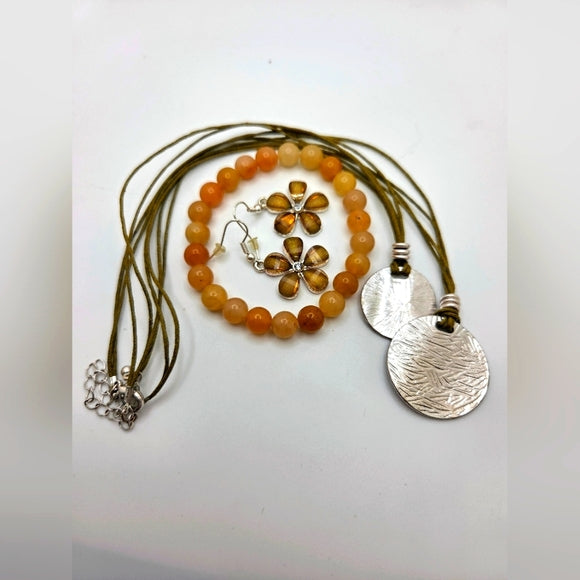 Boho brown and tan SilverTone Necklace Carnelian Bracelet floral Earrings set