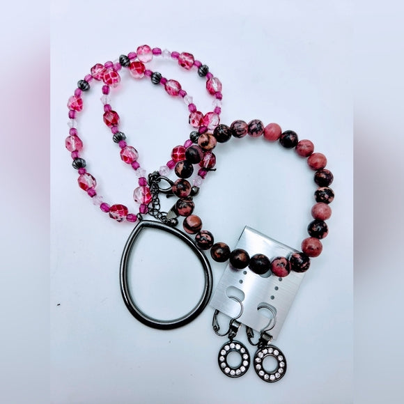 Pink Set beaded gun metal pendant necklace Rhodonite Bracelet Gun metal Earrings