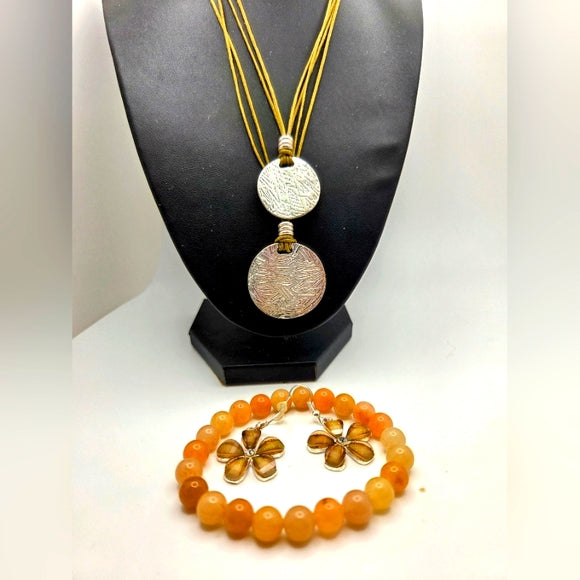 Boho brown and tan SilverTone Necklace Carnelian Bracelet floral Earrings set