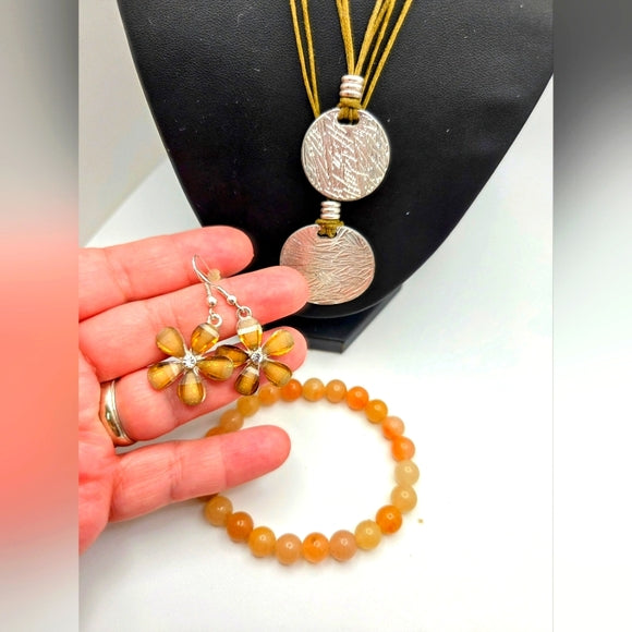 Boho brown and tan SilverTone Necklace Carnelian Bracelet floral Earrings set