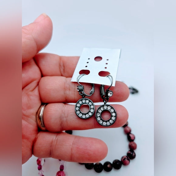 Pink Set beaded gun metal pendant necklace Rhodonite Bracelet Gun metal Earrings