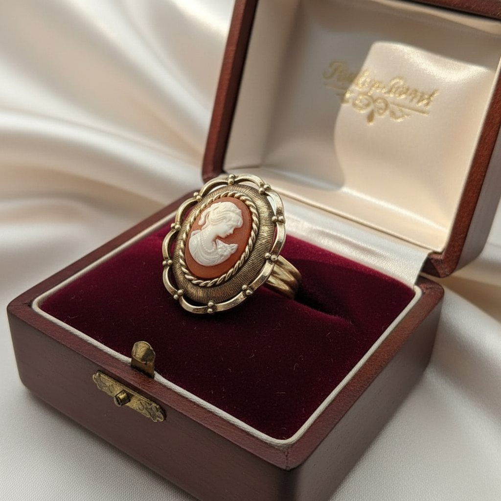 Vintage Vanda Cameo RING Perfume Adjustable Gold Plated Signed