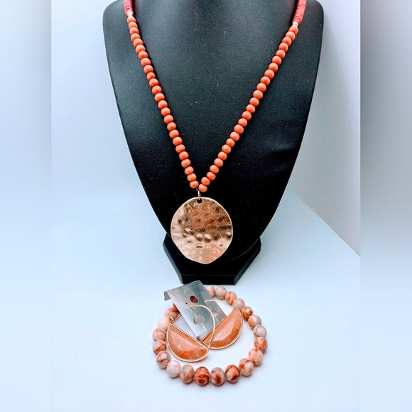 Coral Tone Gold Tone Statement Necklace Stone Earrings Agate Bracelet