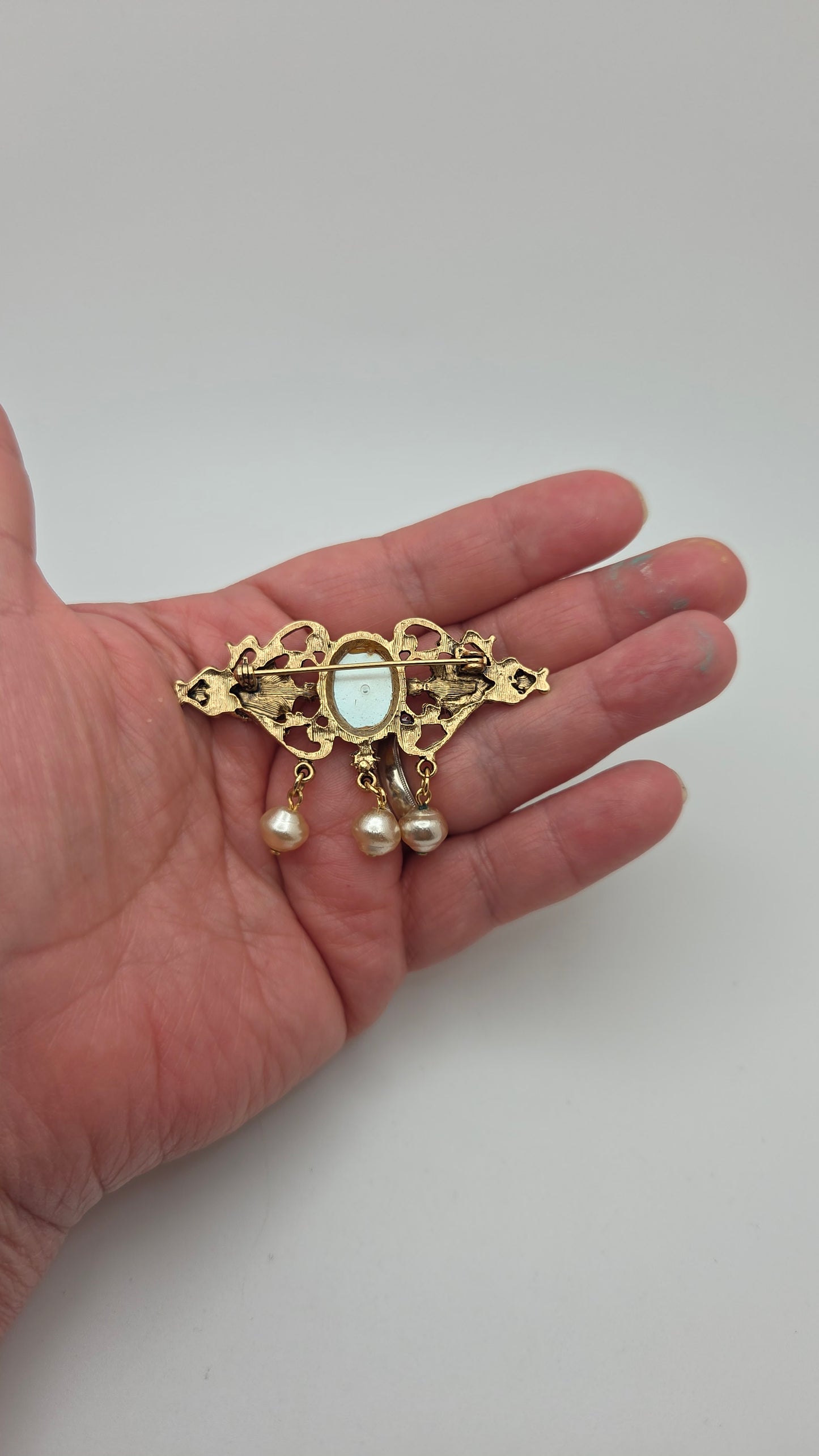Vintage Antiqued Gold Faux Pearl Dangle Drop Brooch Pin Victorian Style
