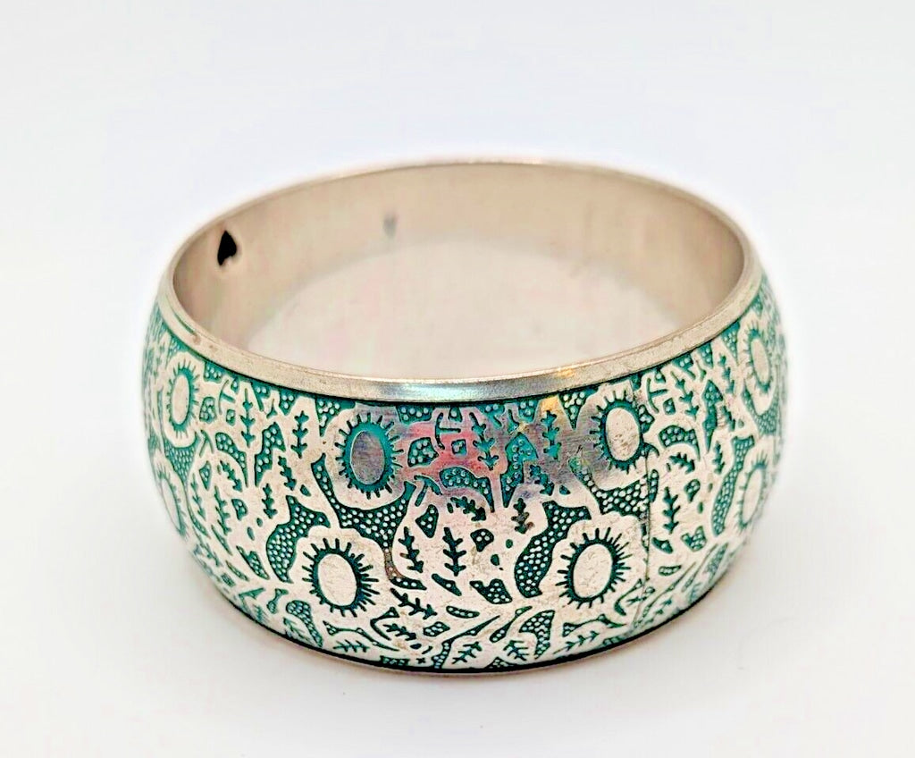Silver Plated Engraved in Blue Design Bangle Bracelet Aqua Vintage 8"