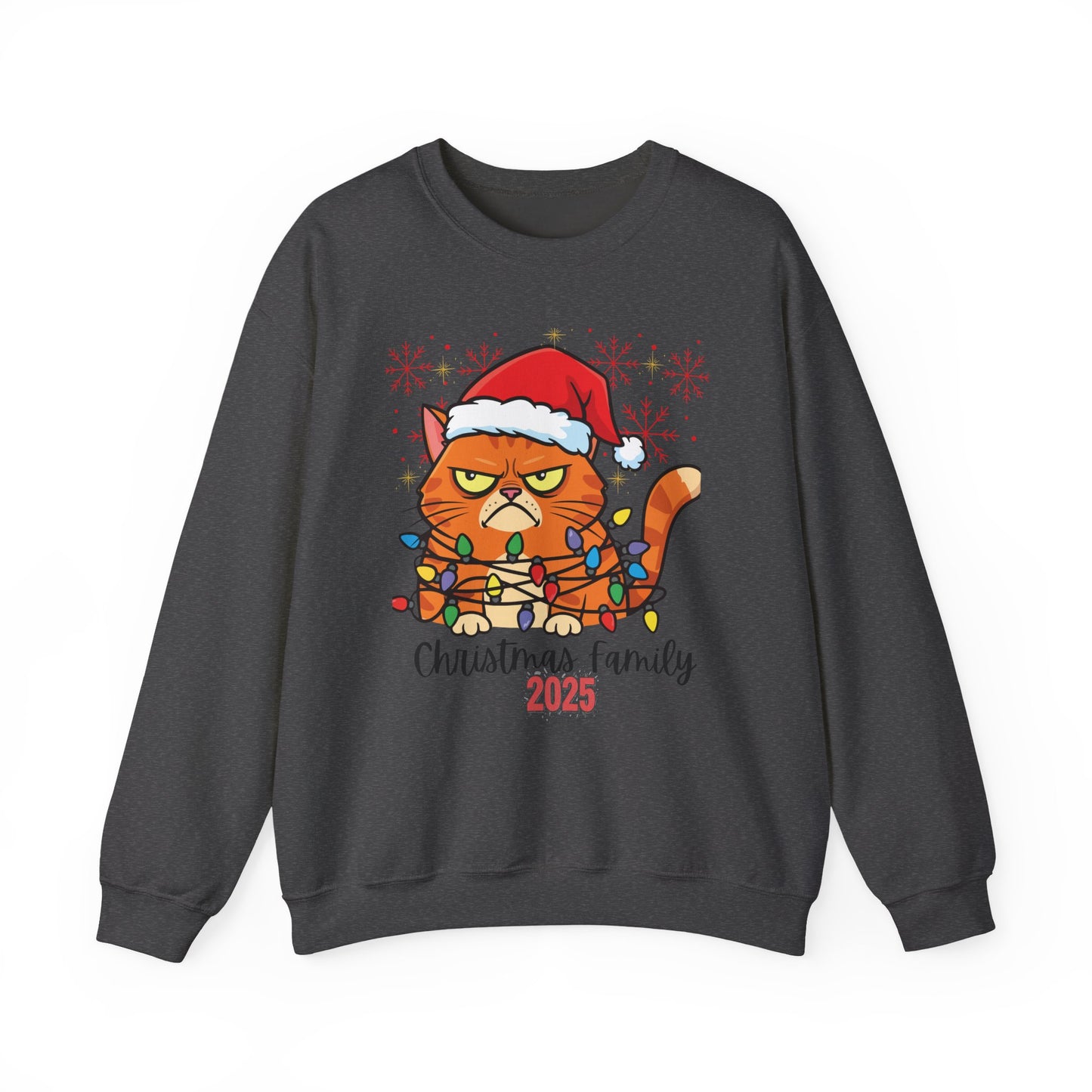 Christmas Cat Crewneck Sweatshirt - "Christmas Family 2025" Cute Grumpy Cat in Santa Hat
