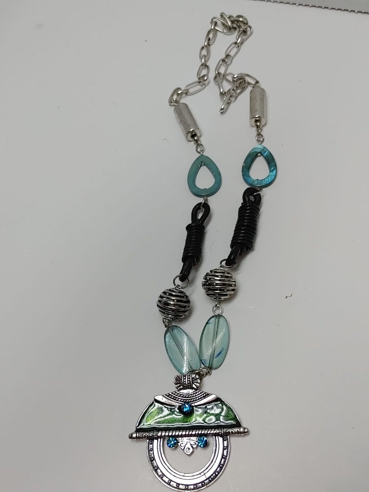 Vintage Ethnic Pendant Necklace silver-tone leather Braided chain 16.5" Bohemian