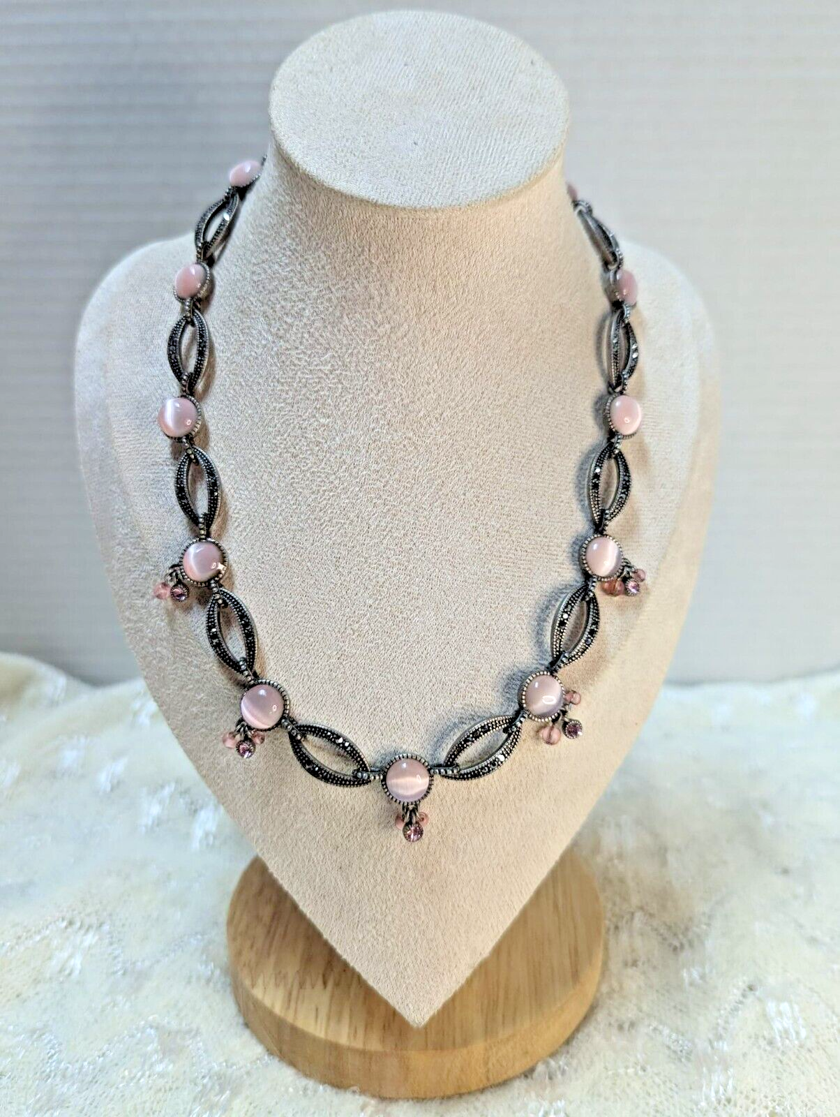 Vintage Antique Silver Necklace Pink Faux Cat's Eye & Marcasite