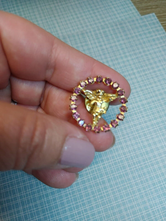GoldTone Guardian Angel Pin Purple Rhinestone Circle Wreath Vintage