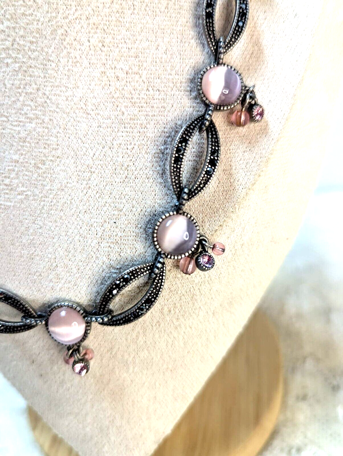 Vintage Antique Silver Necklace Pink Faux Cat's Eye & Marcasite
