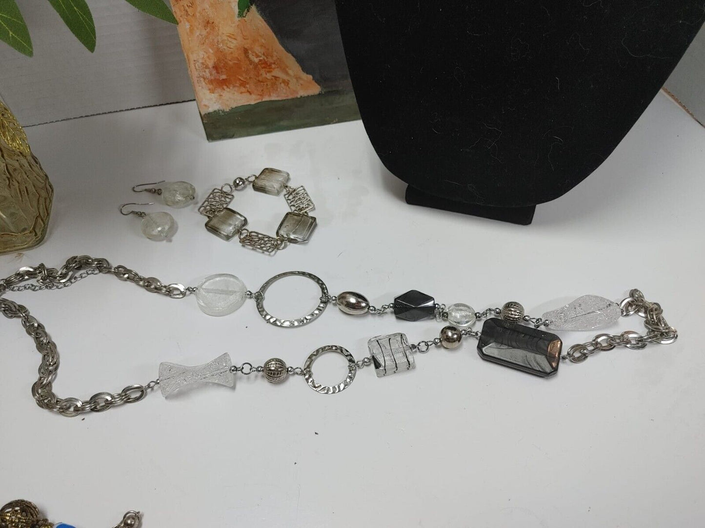 Vintage clear white Glass & Silver Metal Beads hoops Necklace Earrings Bracelet