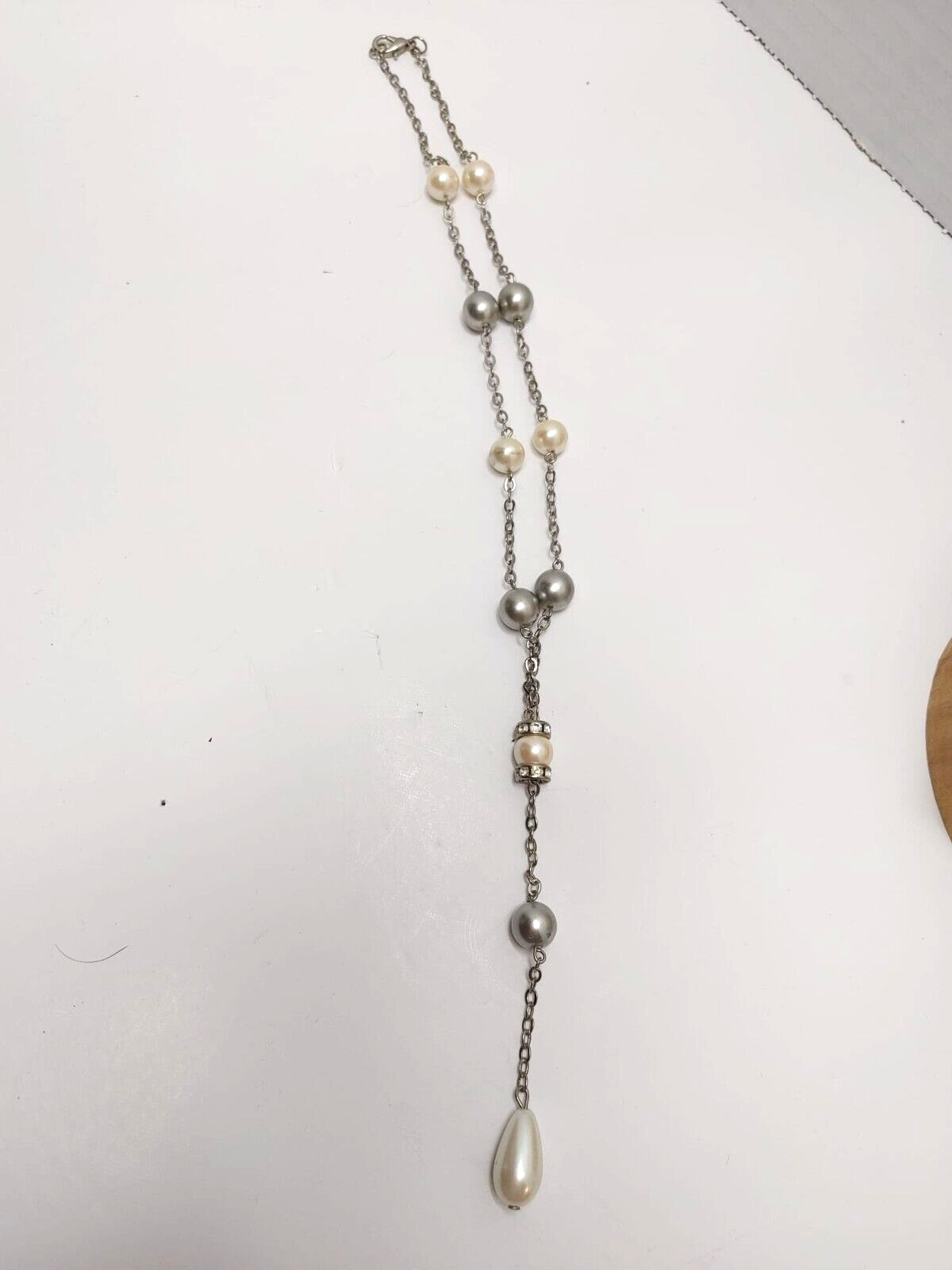 Silver Tone Faux Pearl Rhinestone Chocker Drop Necklace  Y Drop Dangle