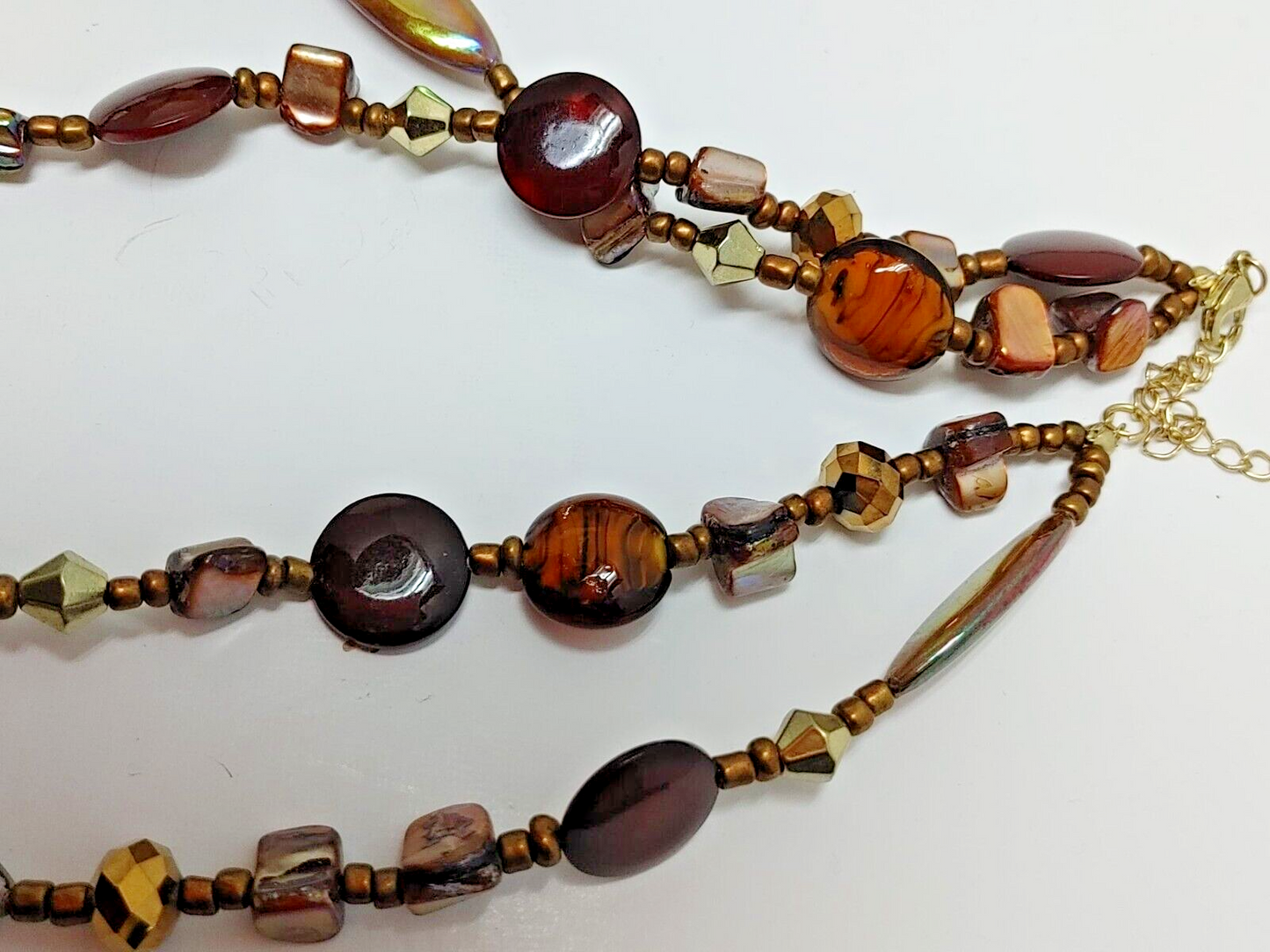 Doble 20" Long Necklace Brown GLASS BEADS Bronze Tone PEARLS Boho Retro