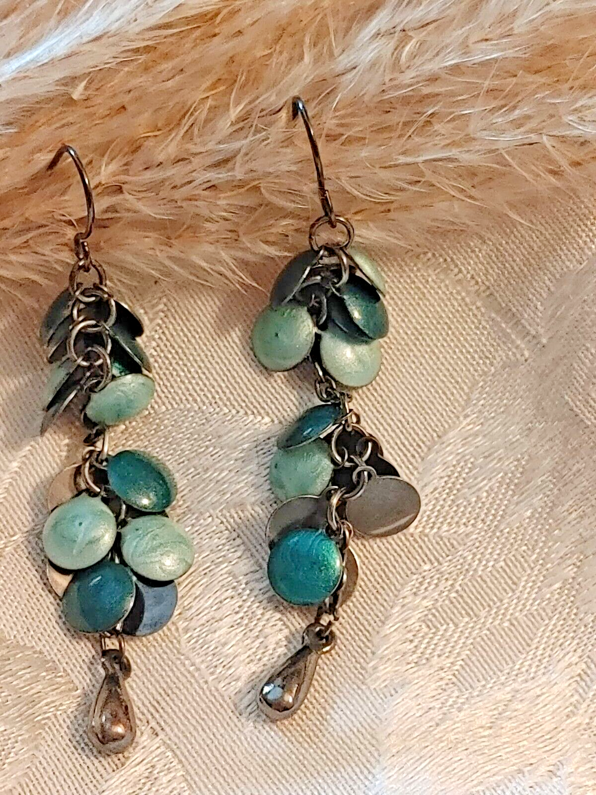 Vintage Pieced Metal Turquoise Tone Disc dangle Earrings Women Jewelry Retro