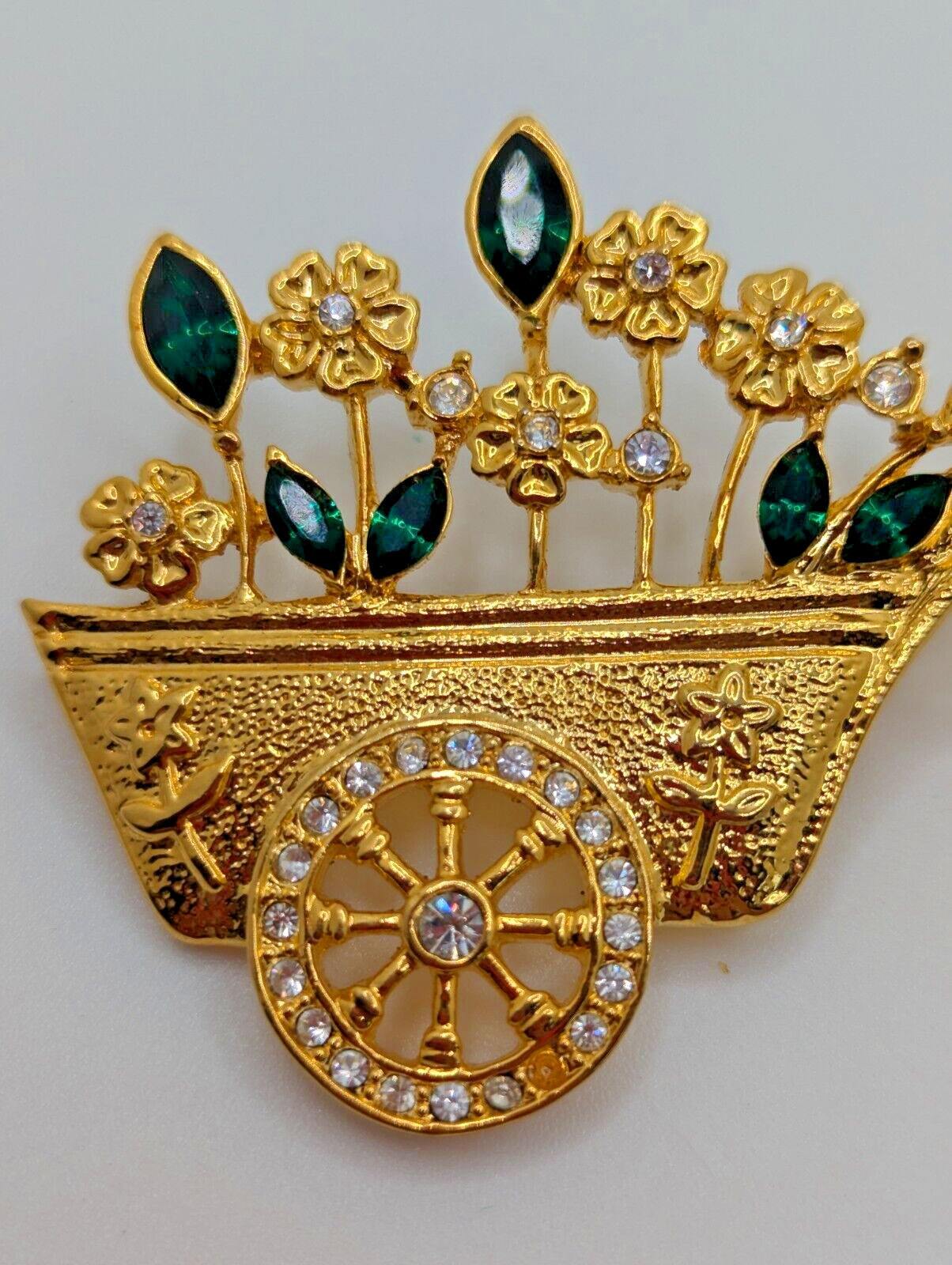 Gold Tone Flower Cart Brooch Pin green clear Rhinestone Wheel  vintage