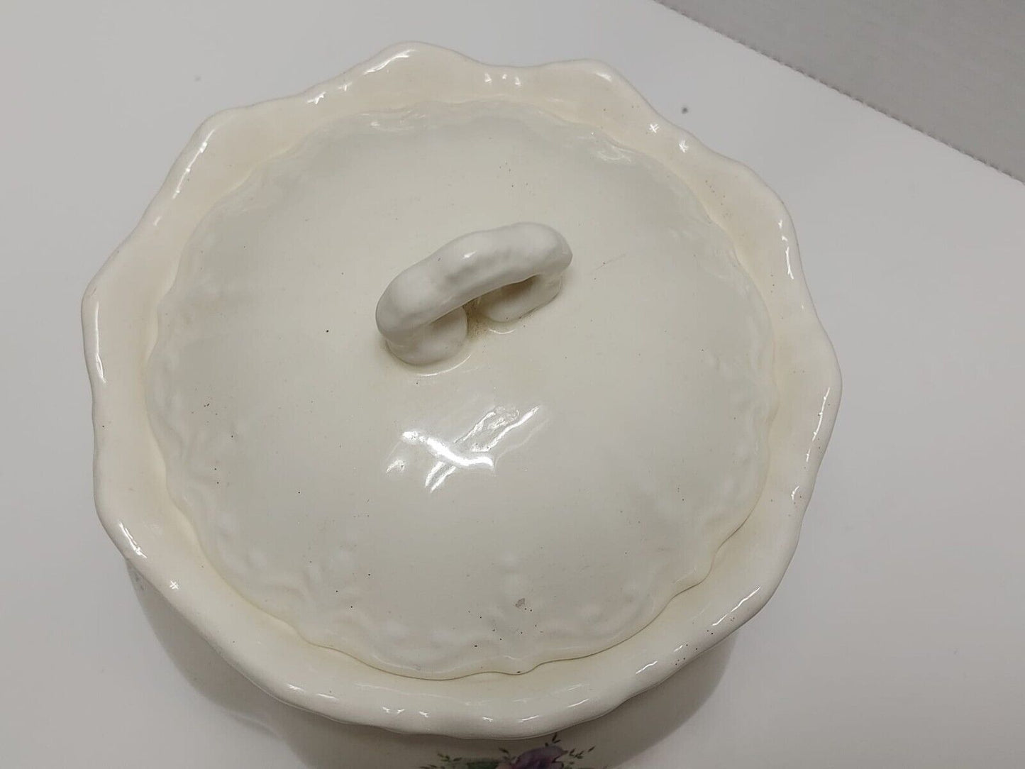 Vintage Ratauds Covered Serving Dish 1960's England Vanilla White w/ Roses