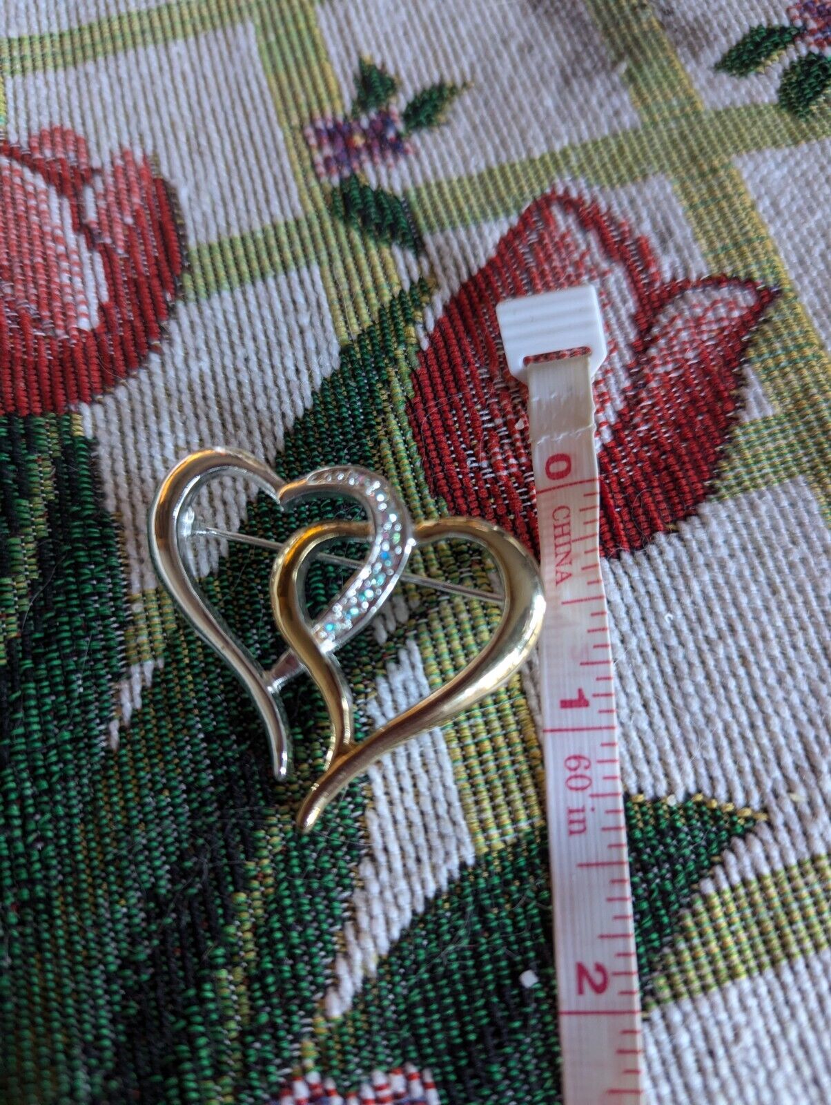 Vintage AB Rhinestones Double Hearts Brooch Pin Goldtone Silvertone