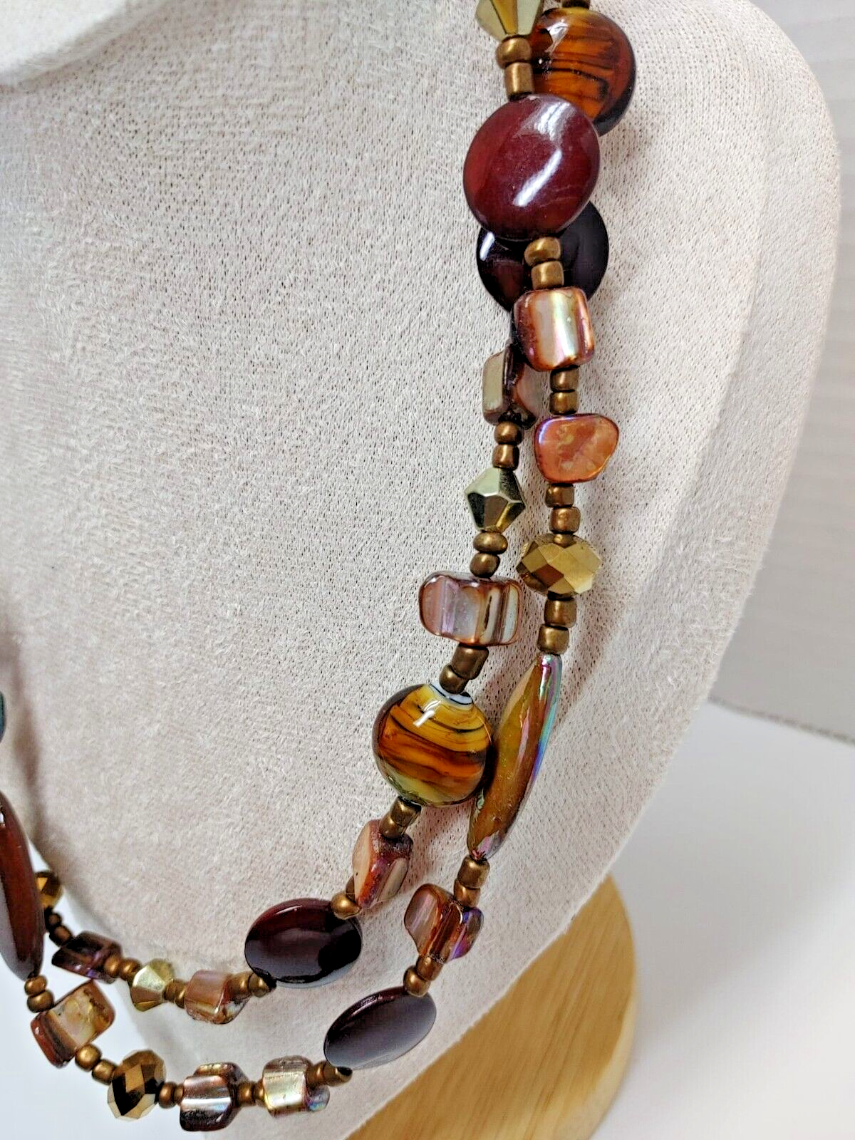 Doble 20" Long Necklace Brown GLASS BEADS Bronze Tone PEARLS Boho Retro