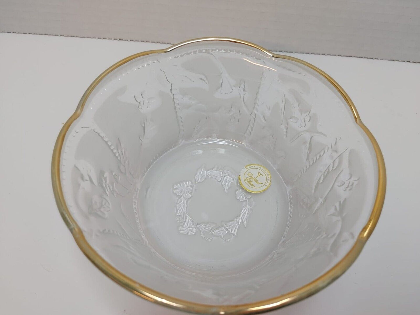 Vintage BOWL Crystal Clear Gold Trim Frosted Floral Bowl Made in Indonesia