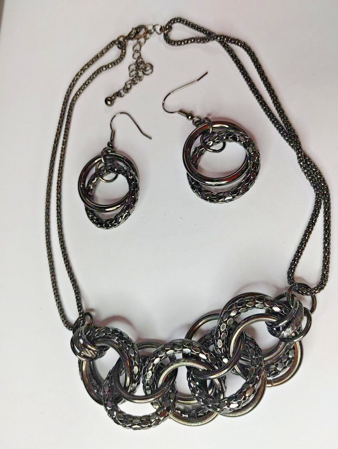 Vintage Jewelry Necklace Earrings Gun Metal Chain Chunky Rings  17" Jewelry Set