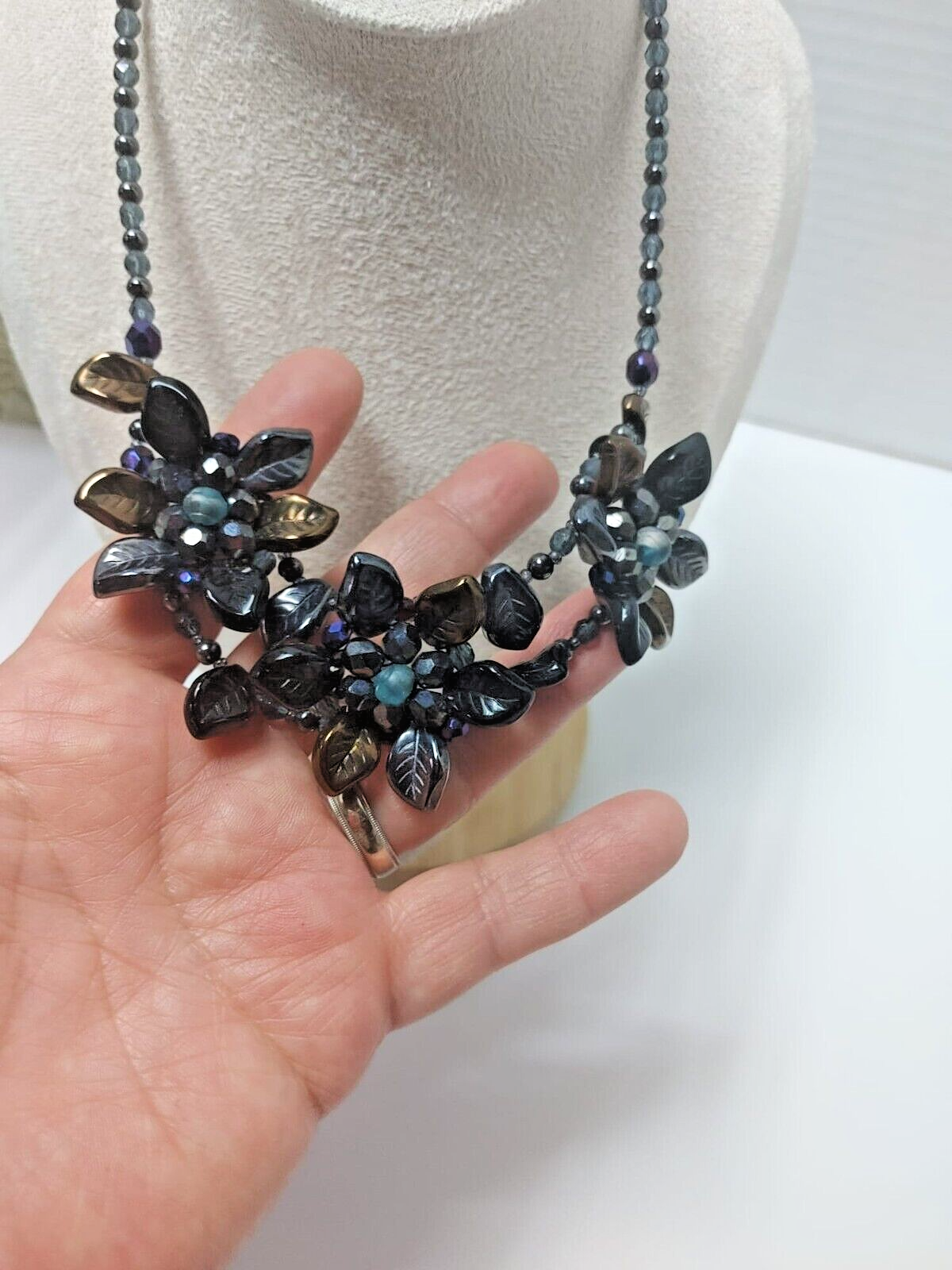 Flower bouquet statement Necklace Polished Stone purple blue black bead accents