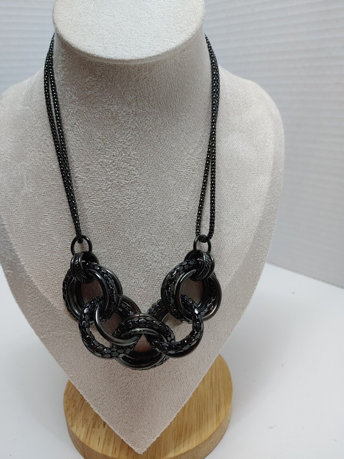 Vintage Jewelry Necklace Earrings Gun Metal Chain Chunky Rings  17" Jewelry Set
