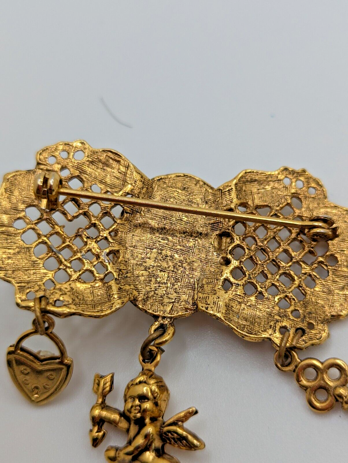 Vintage Goldette Charm Brooch Victorian Revival Dangles Pin Faux Pearl Goldtone
