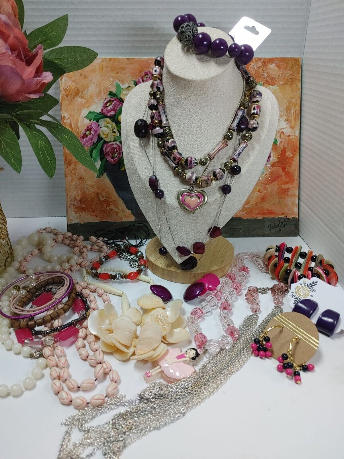 Vintage To Now Mix Jewelry Lot Necklaces Bracelet Earrings Costume Purple Pink